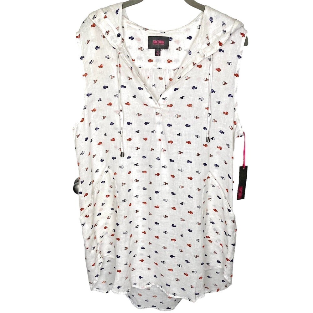 Forcynthia Beachwear Linen Swim Cover Up XL Hooded Fish Print Pockets NWT